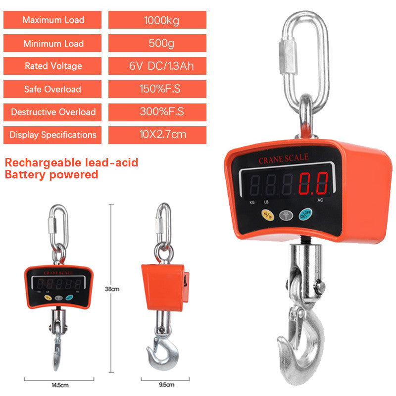 300KG/500KG/1000KG/2000KG 1T 2T Mini Crane Scale Industrial Hook Hanging Weight Digital LCD Display
