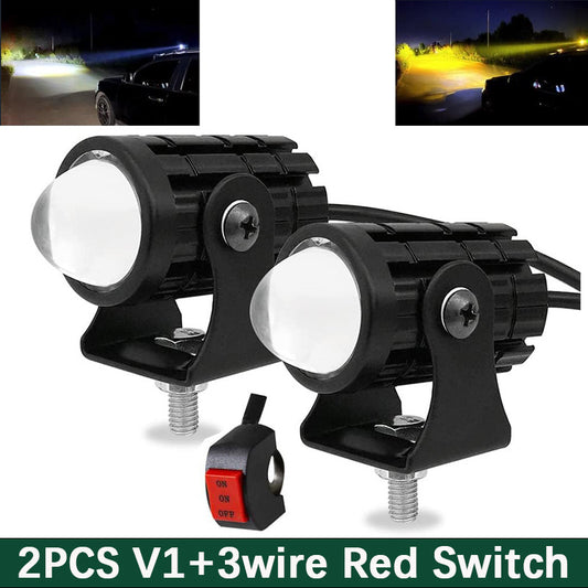 2PCS Motocycle Mini Driving Light White+Yellow with Bifocal Lens and Domino Switch - Universal Waterproof Pai