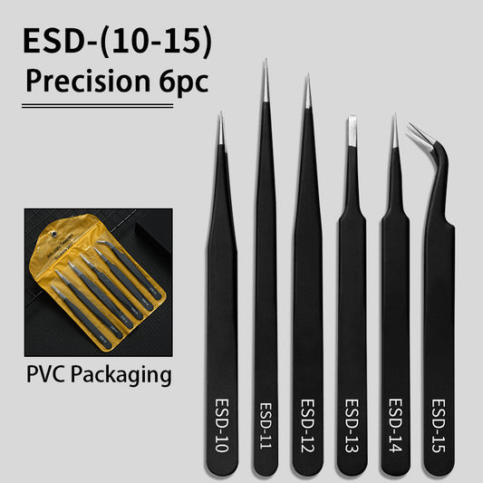 Precision 6pc Anti-static ESD Tweezers Set Straight Curved Electronic Craft Jewellery