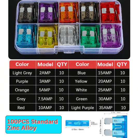 100pcs Car Fuse Assortment Set Profile Middle Size smll mini size Blade Type Fuse Auto Car Truck 2-35A Fuse Aluminum Alloy Zinc Alloy