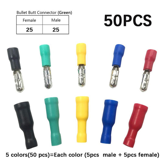 Five colour Wire electrical insulation connector crimper bullet head terminal 22 ~ 16 AWG wiring 50 = 25 male+25 female