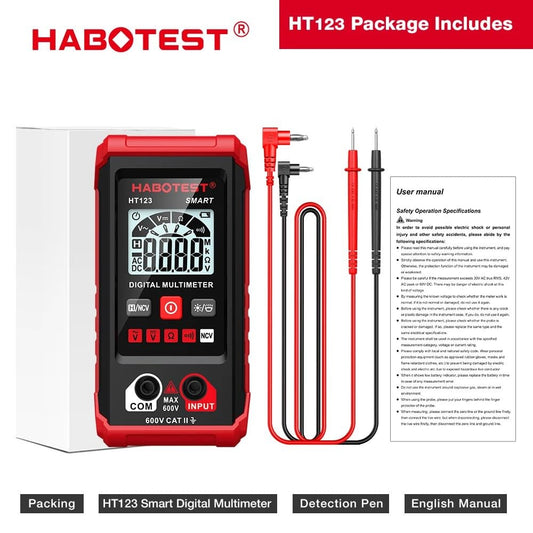HT123 Smart Mini Digital Multimeter 600V Auto Range Multimeter AC DC Voltage Resistance Continuity Tester with Backlight NCV Non-contact Multimeter