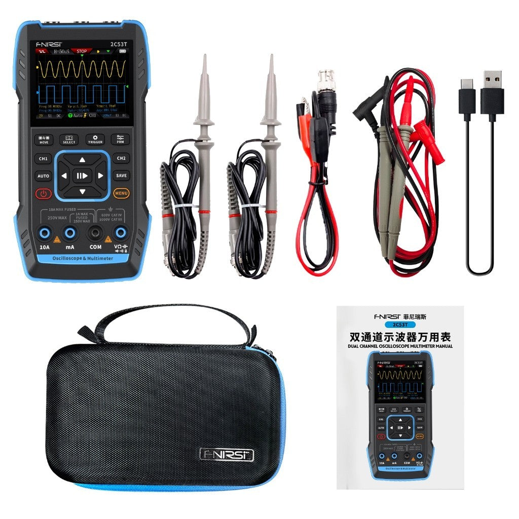 FNIRSI 2C53T 3in1 Multimeter Digital Oscilloscope Built-in DDS Function Signal Generator 2 Channel 50MHz Bandwidth 250MS Rate 22X14CM
