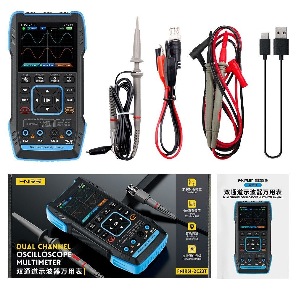 Fnirsi 2C23T Handheld Digital Oscilloscope Multimeter+Function Signal Generator 2023 Latest 3IN1 Dual Channel 10MHZ * 2 50MS/s 30X17CM