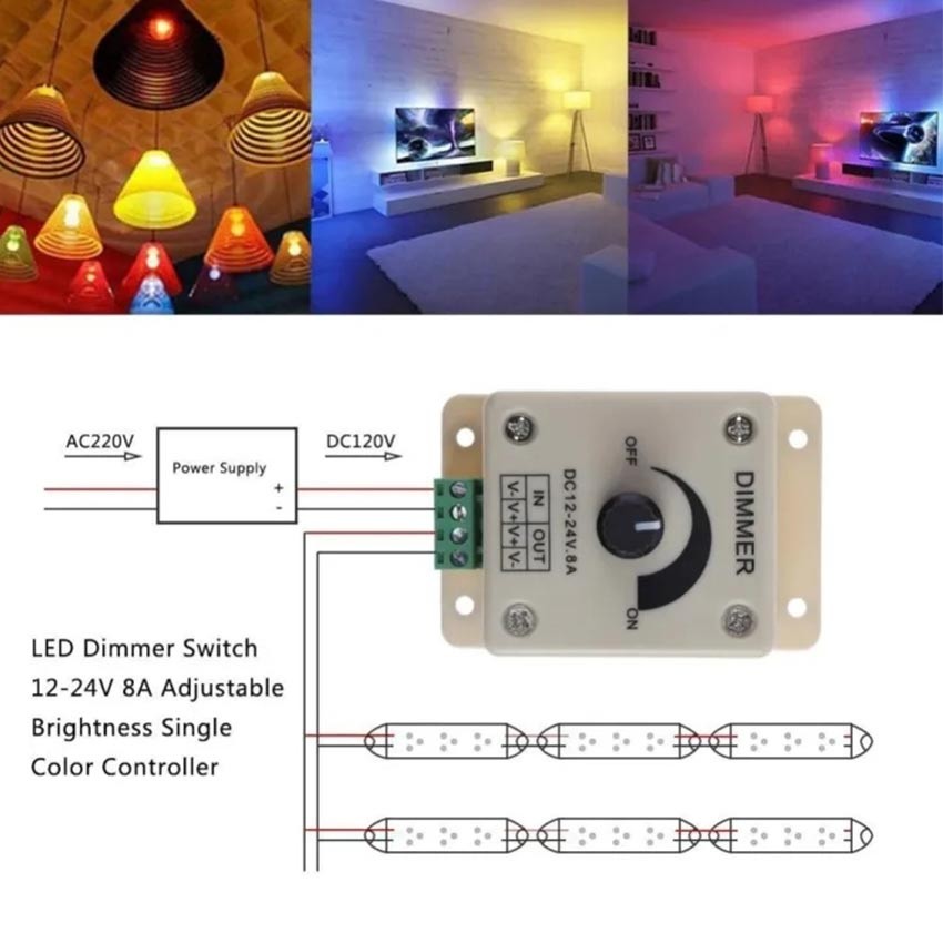 LED Dimmer Switch 12-24V 8A Adjustable Brightness Lamp Strip Driver Power Supply Controller