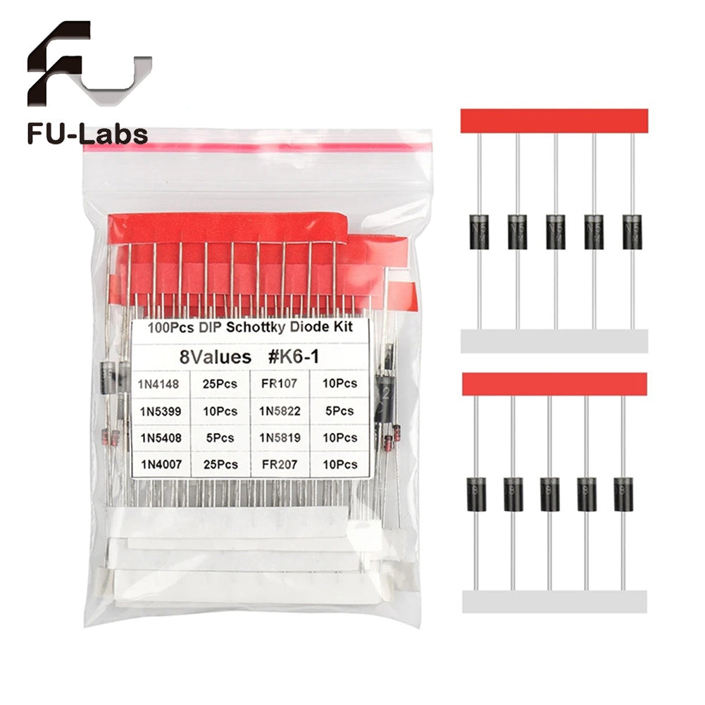 100pcs Diode Assorted Kit 8 Values DIY Electronic Components Diode Assortment Standard Recovery Power Rectifier Diode1N4148 1N4007 FR107 FR207 1N5819 1N5399 1N5408 1N5822