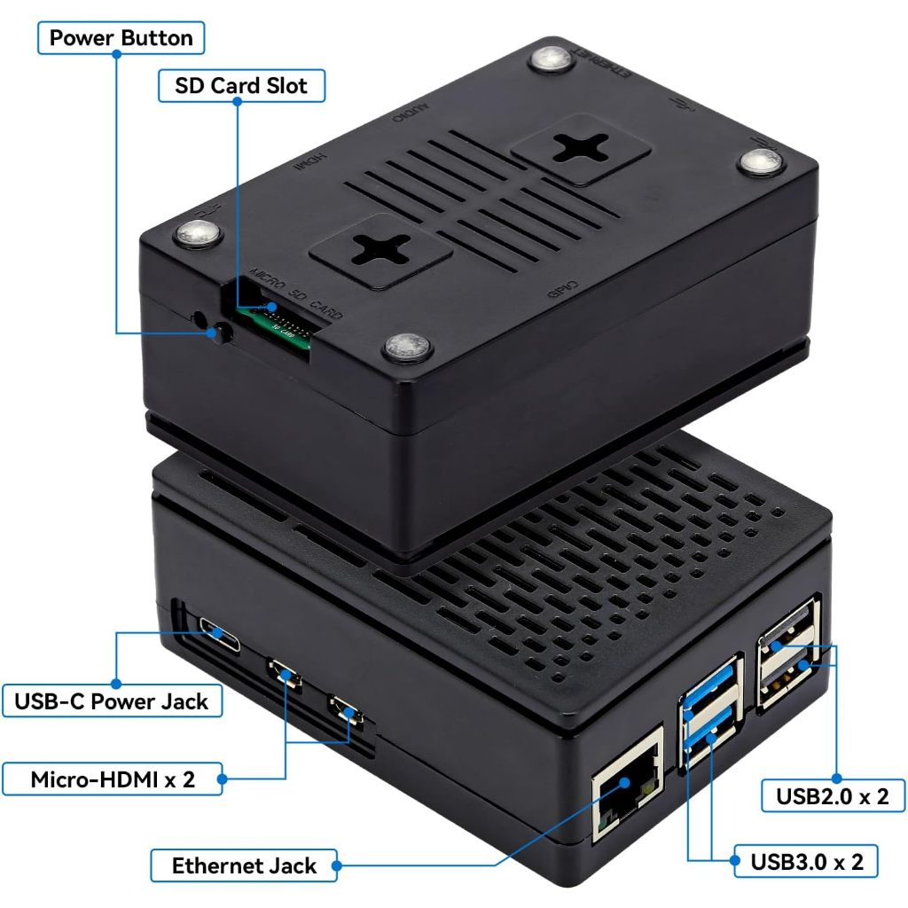 Metal and ABS Case for Raspberry Pi 5 with Active Cooler for Raspberry Pi 5 4GB/8GB, Space for Hats, Add-on Boards, Cooler