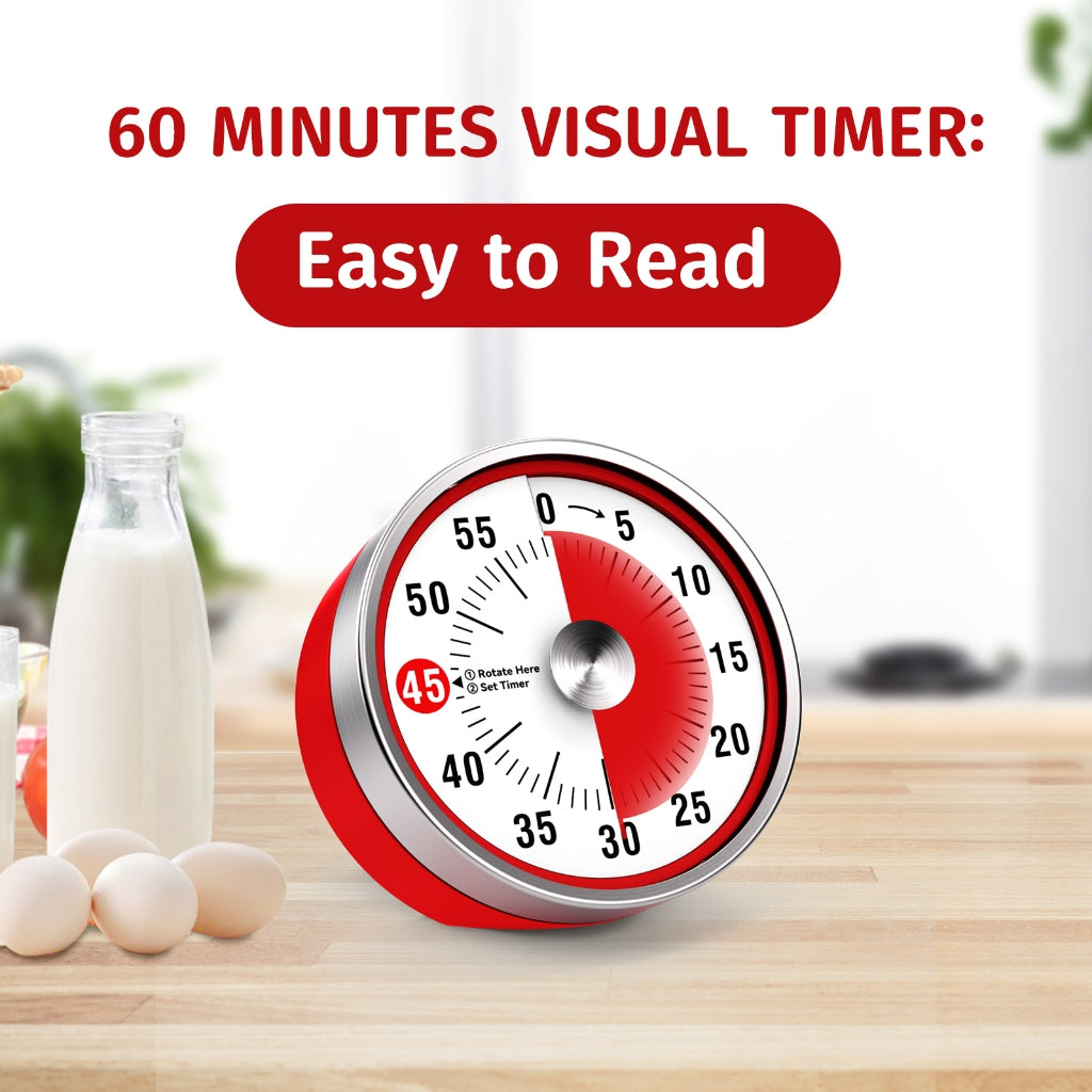 Visual Kitchen Timer, 60 Minute Mechanical Timers for Home Cooking Baking Oven Fitness Studying with Magnetic Backing, foldable leg, Hanging Hole