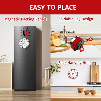 Visual Kitchen Timer, 60 Minute Mechanical Timers for Home Cooking Baking Oven Fitness Studying with Magnetic Backing, foldable leg, Hanging Hole