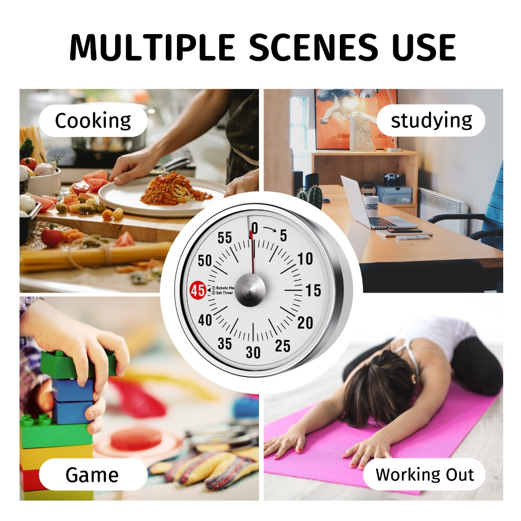 Visual Kitchen Timer, 60 Minute Mechanical Timers for Home Cooking Baking Oven Fitness Studying with Magnetic Backing, foldable leg, Hanging Hole