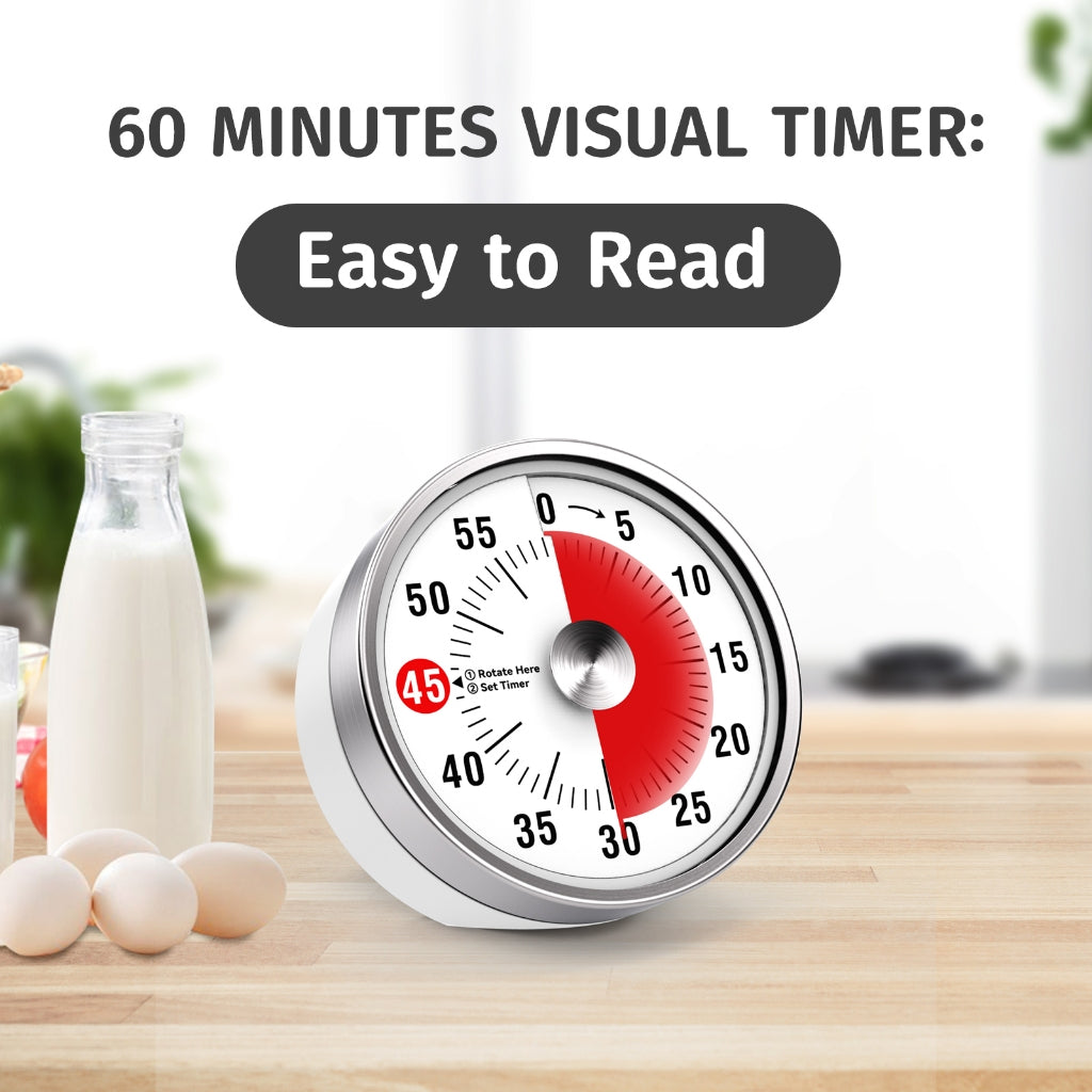 Visual Kitchen Timer, 60 Minute Mechanical Timers for Home Cooking Baking Oven Fitness Studying with Magnetic Backing, foldable leg, Hanging Hole