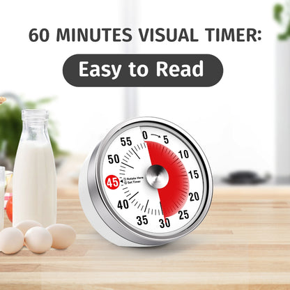 Visual Kitchen Timer, 60 Minute Mechanical Timers for Home Cooking Baking Oven Fitness Studying with Magnetic Backing, foldable leg, Hanging Hole