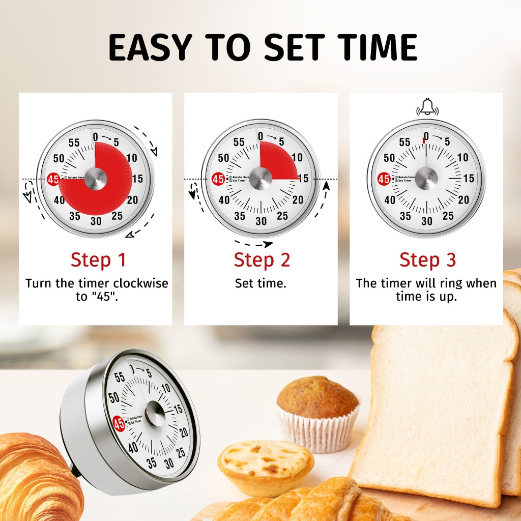 Visual Kitchen Timer, 60 Minute Mechanical Timers for Home Cooking Baking Oven Fitness Studying with Magnetic Backing, foldable leg, Hanging Hole