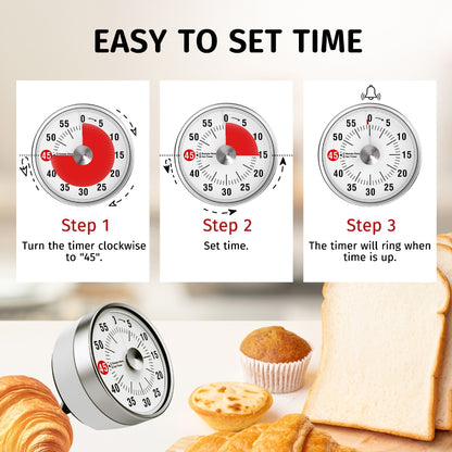 Visual Kitchen Timer, 60 Minute Mechanical Timers for Home Cooking Baking Oven Fitness Studying with Magnetic Backing, foldable leg, Hanging Hole