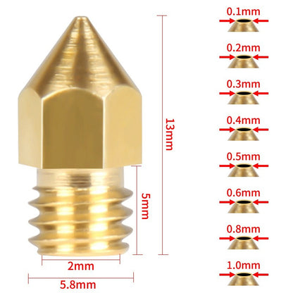 3D Printer Accessories MK8 Pointed Brass Nozzle 1.75MM Filament 0.1/0.2/0.3/0.4/0.5/0.6/0.8/1.0mm Brass Nozzle