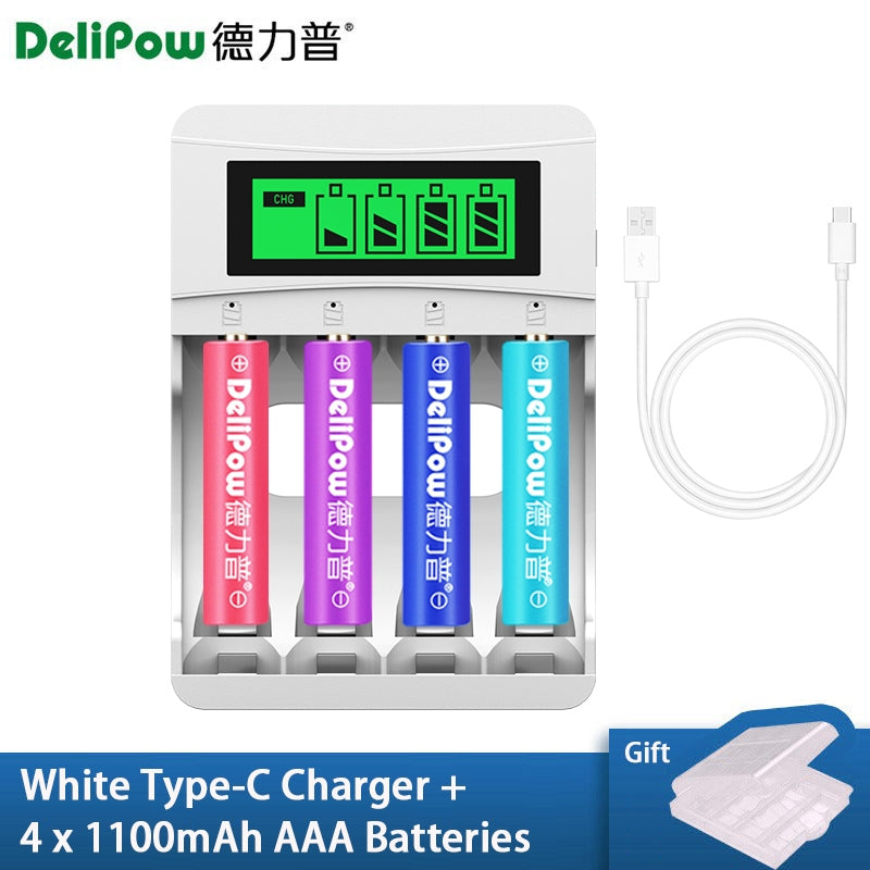 4-Slot AA AAA Battery Charger with LCD Display High-Power 3300mAh Ni-MH Rechargeable Rainbow Batteries