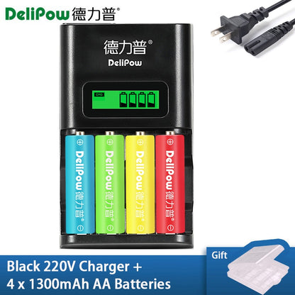 4-Slot AA AAA Battery Charger with LCD Display High-Power 3300mAh Ni-MH Rechargeable Rainbow Batteries