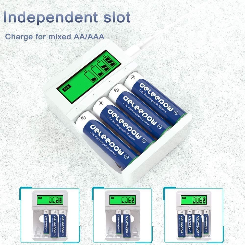 4-Slot AA AAA Battery Charger with LCD Display High-Power 3300mAh Ni-MH Rechargeable Rainbow Batteries