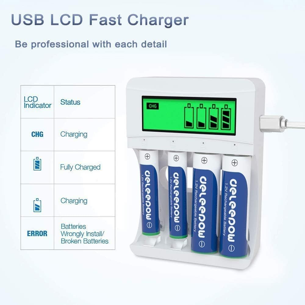 4-Slot AA AAA Battery Charger with LCD Display High-Power 3300mAh Ni-MH Rechargeable Rainbow Batteries