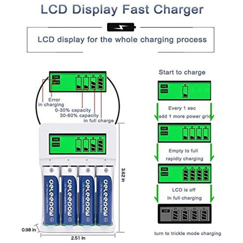 4-Slot AA AAA Battery Charger with LCD Display High-Power 3300mAh Ni-MH Rechargeable Rainbow Batteries