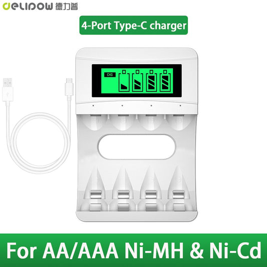 4-Slot AA AAA Battery Charger with LCD Display High-Power 3300mAh Ni-MH Rechargeable Rainbow Batteries