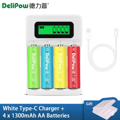 4-Slot AA AAA Battery Charger with LCD Display High-Power 3300mAh Ni-MH Rechargeable Rainbow Batteries