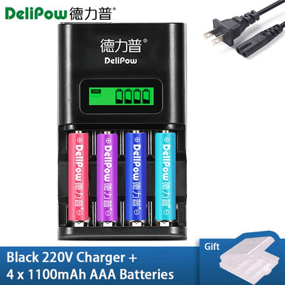 4-Slot AA AAA Battery Charger with LCD Display High-Power 3300mAh Ni-MH Rechargeable Rainbow Batteries