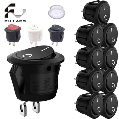 10 Pcs Round Snap Boat Rocker Switch Red Black White 20MM ON/Off Round Rocker Toggle Switch 6A/250VAC 10A 125VAC Plastic Push Button Switch KCD1-105