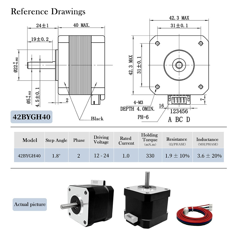 Stepper Nema 17 Bipolar 42mm Motor 42*34 42*40 42*48 for 3D printing