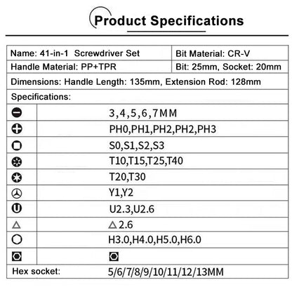 41-in-1 Home Repair & Auto Repair T-Type Ratchet Telescopic Socket Hex Screwdriver Set