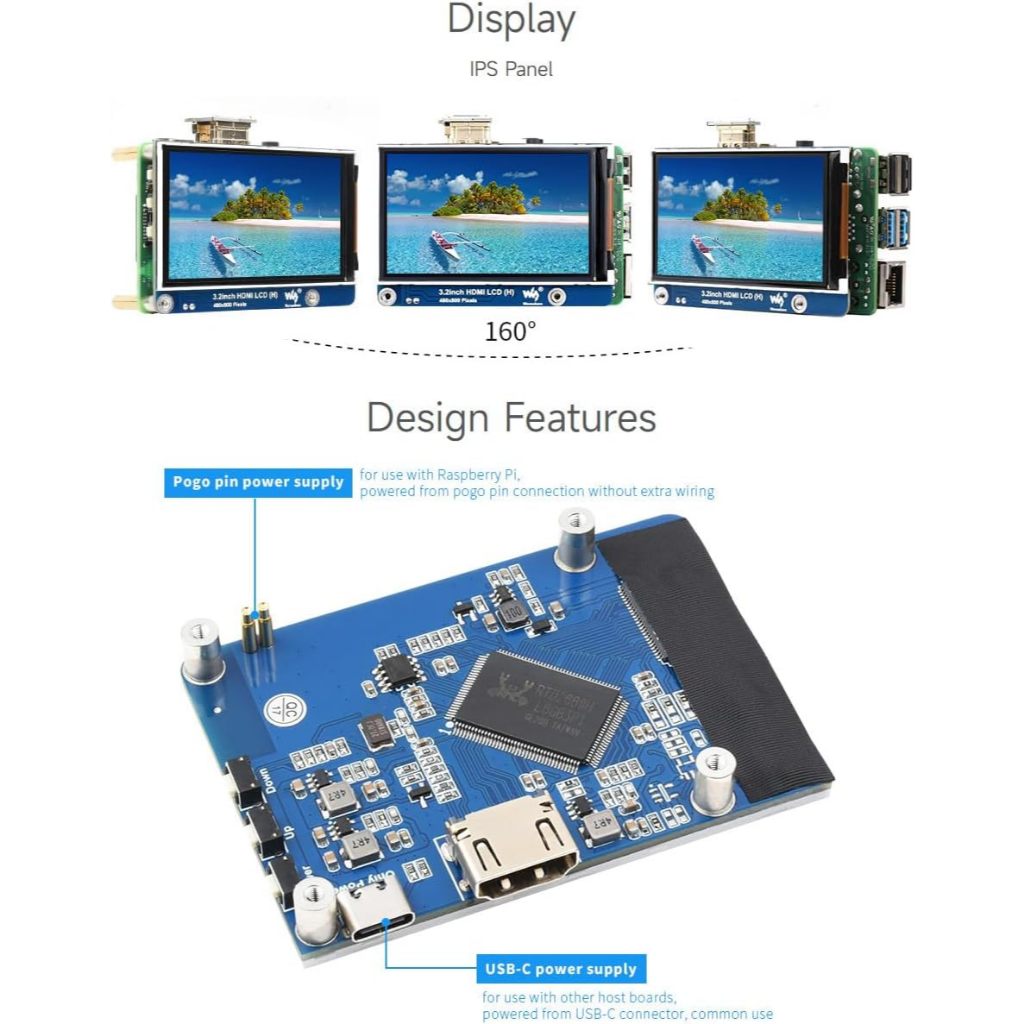 Waveshare 3.2inch HDMI IPS LCD Display Compatible with Raspberry Pi 4B/3B+/3A+/2B/B+/A+/Zero/Zero W/WH/Zero 2W CM3+/4 Series Boards 480×800 Resolution No Touch Supports Jerson Nano
