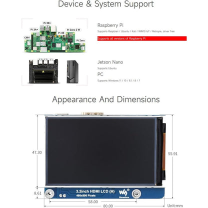 Waveshare 3.2inch HDMI IPS LCD Display Compatible with Raspberry Pi 4B/3B+/3A+/2B/B+/A+/Zero/Zero W/WH/Zero 2W CM3+/4 Series Boards 480×800 Resolution No Touch Supports Jerson Nano