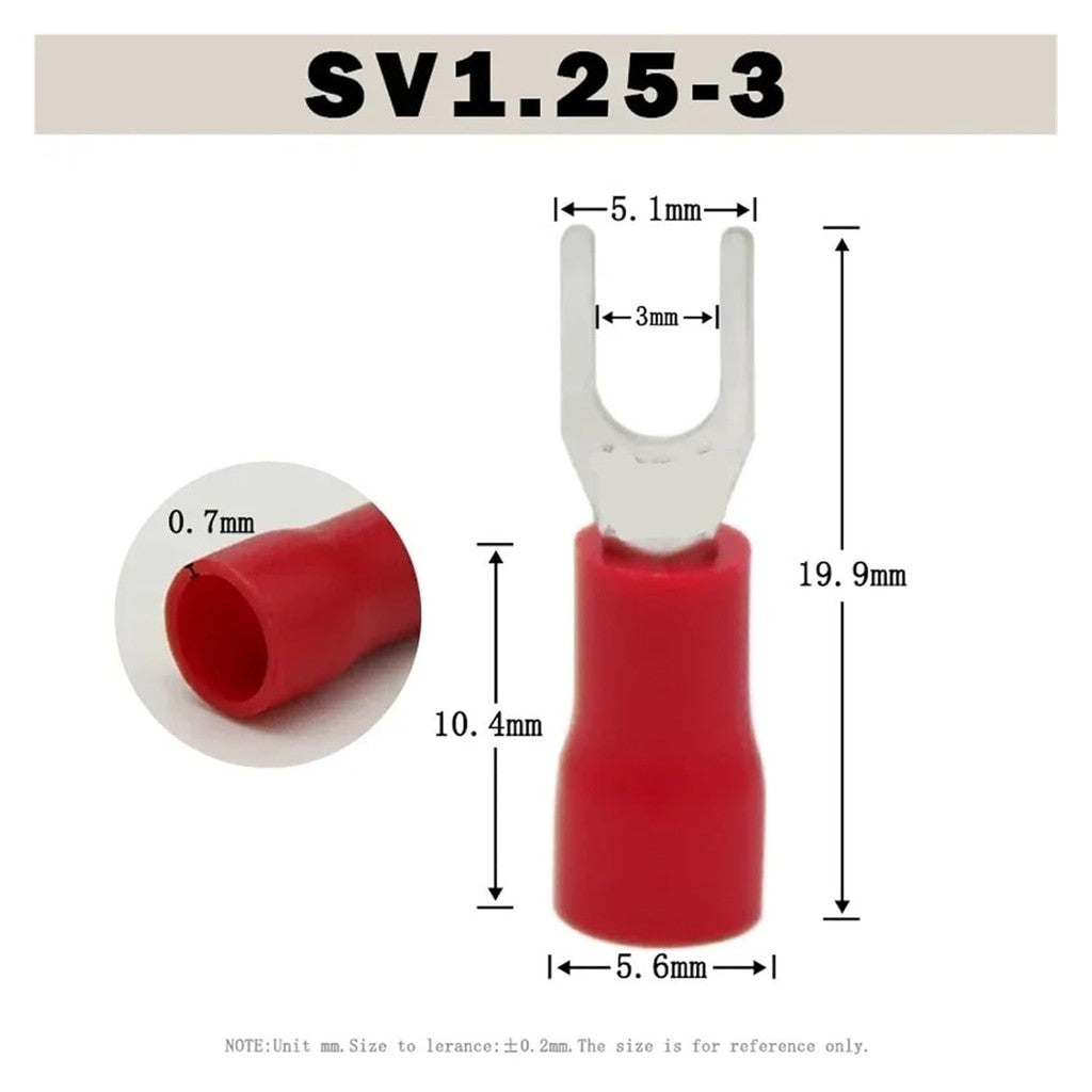 100PCS Insulated Fork Wire Connector Electrical Crimp Terminal SV1.25-3 Random color