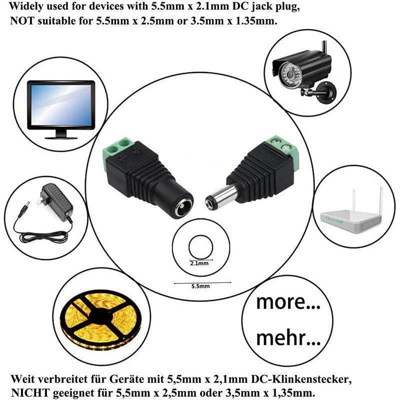 10PCS/5pair DC Barrel Jack Adaptor CCTV Connectors 5.5 x 2.1mm CCTV Male/ Female Connectors