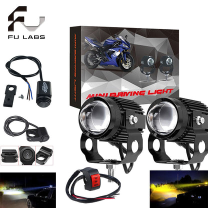 2PCS Motocycle Mini Driving Light White+Yellow with Bifocal Lens and Domino Switch - Universal Waterproof Pai