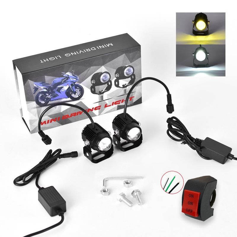2PCS Motocycle Mini Driving Light White+Yellow with Bifocal Lens and Domino Switch - Universal Waterproof Pai