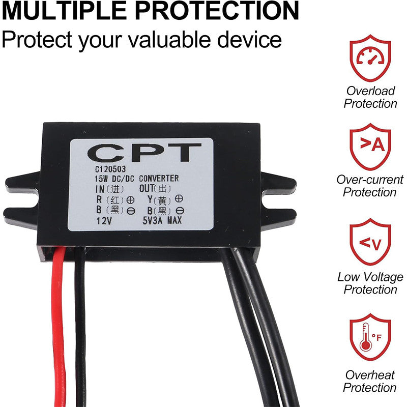 DC-DC 12V to 5V 3A 15W Power Converter Module - Dual USB Female DC Power Adapter - Car Power Converter