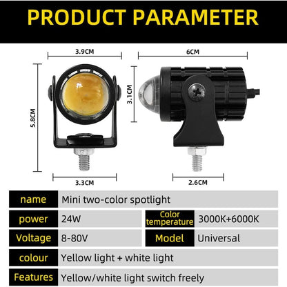 2PCS Motocycle Mini Driving Light White+Yellow with Bifocal Lens and Domino Switch - Universal Waterproof Pai