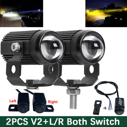 2PCS Motocycle Mini Driving Light White+Yellow with Bifocal Lens and Domino Switch - Universal Waterproof Pai