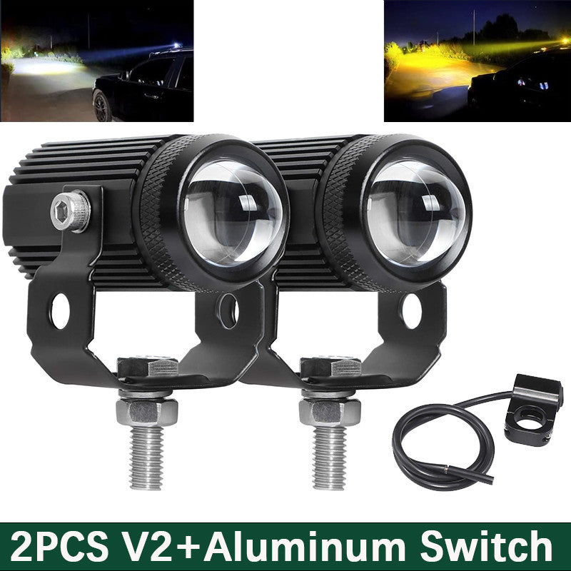 2PCS Motocycle Mini Driving Light White+Yellow with Bifocal Lens and Domino Switch - Universal Waterproof Pai