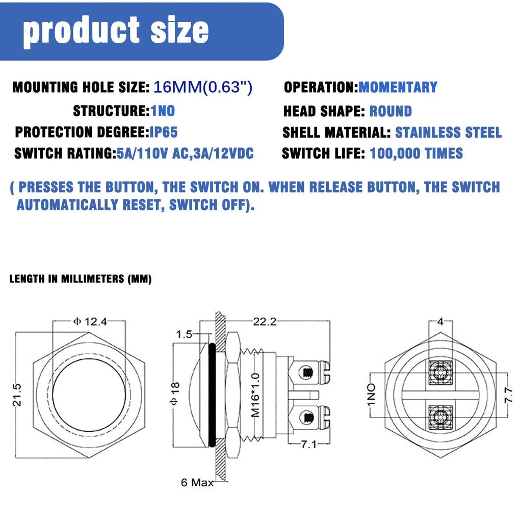16mm 19mm 22mm 3A/12V/24V DC 220V AC  Metal Waterproof Push Button Momentary Horn Switch Start 1PC