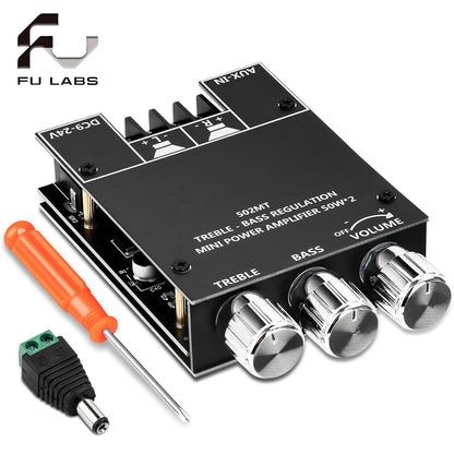 ZK-502MT Bluetooth Amplifier Board 50W+50W 2.0 Channel Amp Board with Treble and Bass Control DC 9-24V Bluetooth and AUX Inputs Audio Amp Board for Home DIY Wireless Speakers