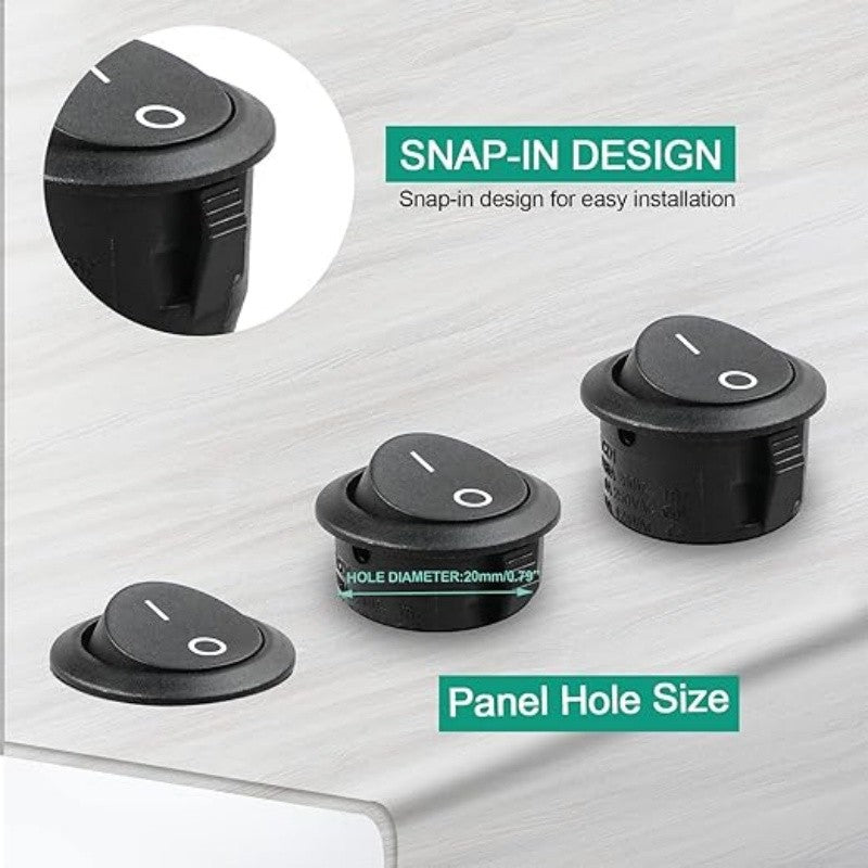 10 Pcs Round Snap Boat Rocker Switch Red Black White 20MM ON/Off Round Rocker Toggle Switch 6A/250VAC 10A 125VAC Plastic Push Button Switch KCD1-105