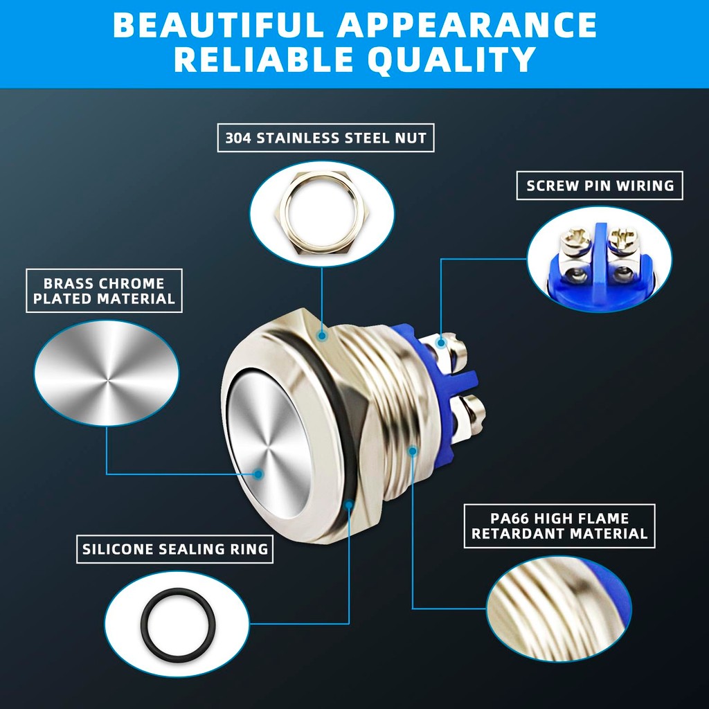 16mm 19mm 22mm 3A/12V/24V DC 220V AC  Metal Waterproof Push Button Momentary Horn Switch Start 1PC