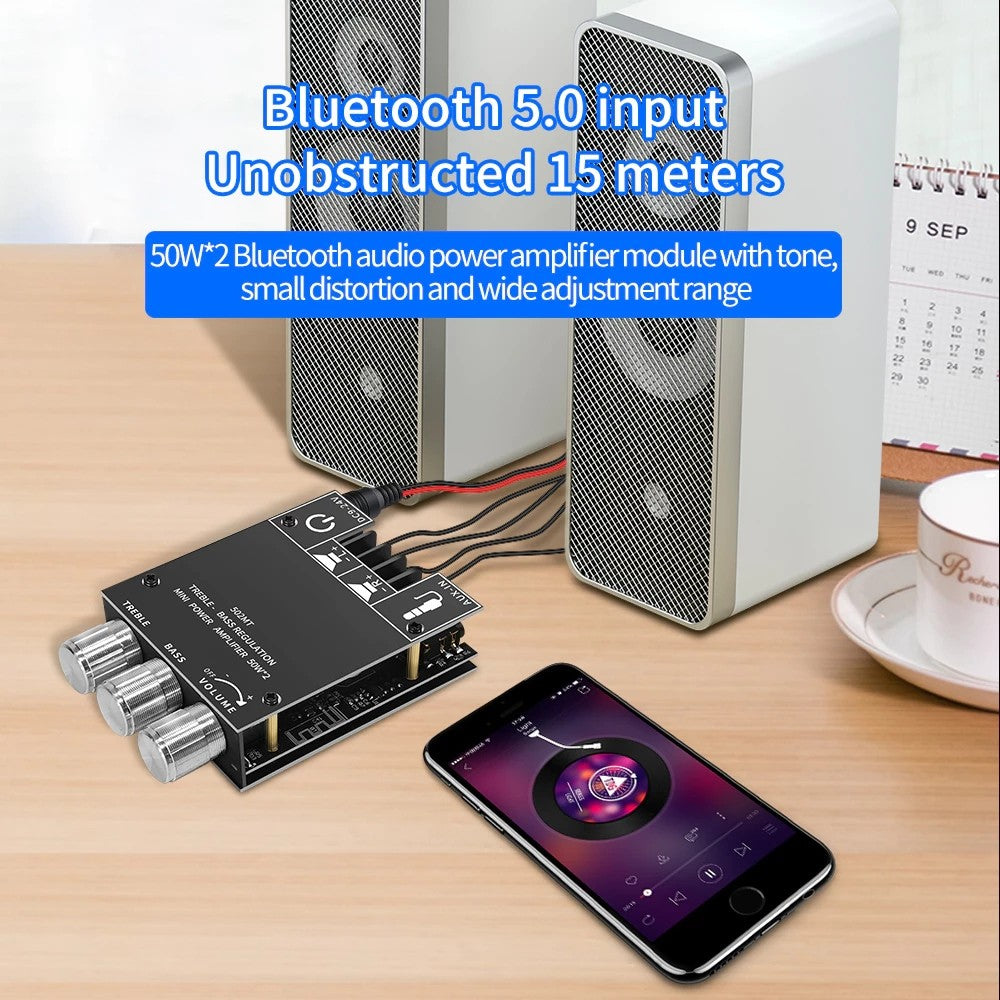 ZK-502MT Bluetooth Amplifier Board 50W+50W 2.0 Channel Amp Board with Treble and Bass Control DC 9-24V Bluetooth and AUX Inputs Audio Amp Board for Home DIY Wireless Speakers