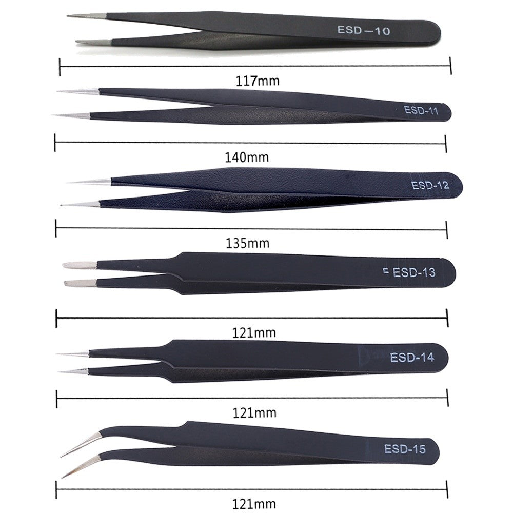 Precision 6pc Anti-static ESD Tweezers Set Straight Curved Electronic Craft Jewellery
