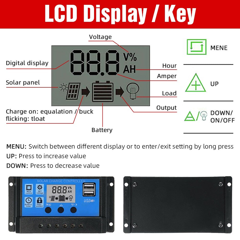PWM 12/24V Solar Panel Regulator Charge Controller LCD Display solar battery charger USB 10A-30A
