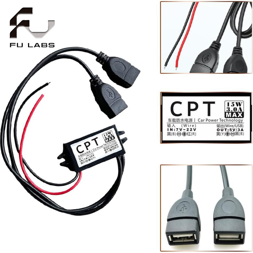 DC-DC 12V to 5V 3A 15W Power Converter Module - Dual USB Female DC Power Adapter - Car Power Converter