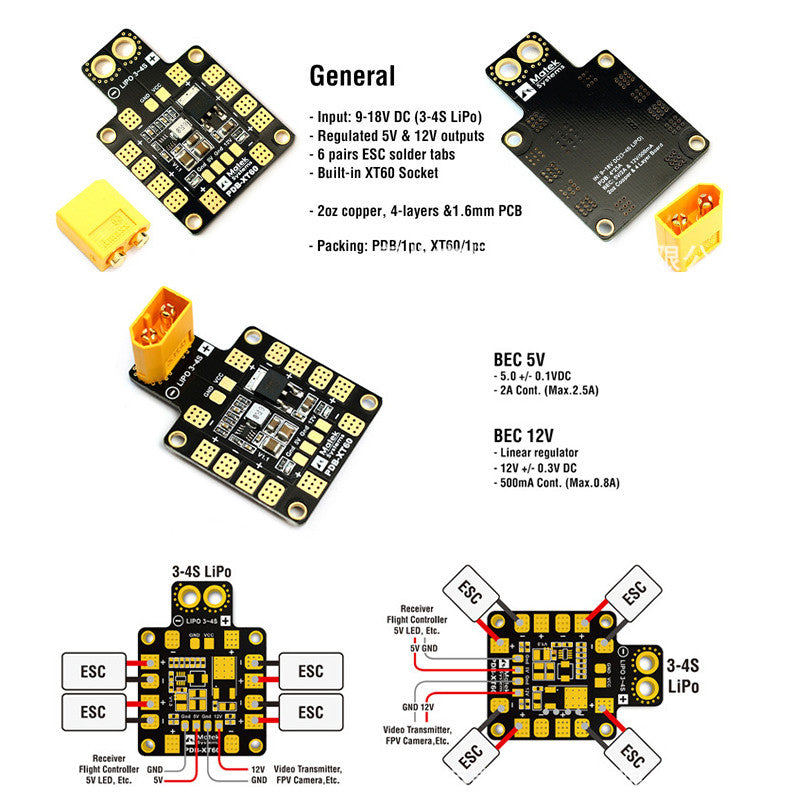 1pcs PDB Power Distribution Board BEC 5V 2A 12V0.5A XT60 Plug for FPV