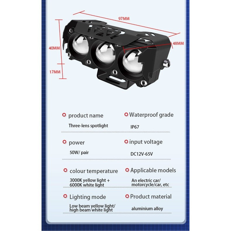 3 Lens Super bright LED Mini Driving Light Spot Light Fog Lamp For Motorcycle Car and Truck 12/24V Strobe Flash